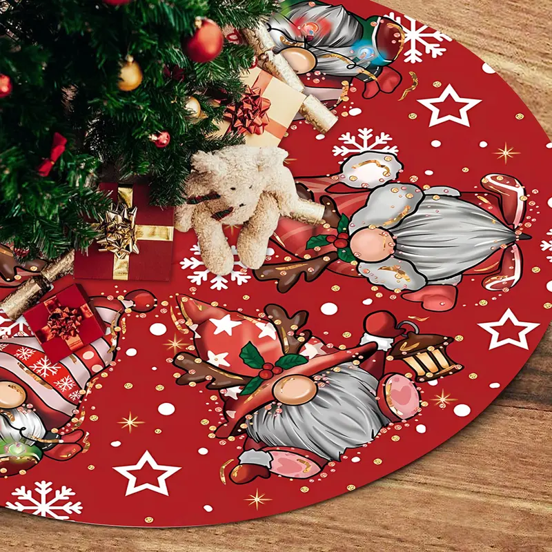 JOOCAR 48 In Festive Red Glitter Decorative Christmas Tree Skirt - Hand-Crafted with Gnomes, Snowflakes, Durable Textile Rug, 2 Ties, Easy to Assemble, Traditional Fashion Look, Indoor-Outdoor Holiday Decor, Ideal Gift for Family School Events