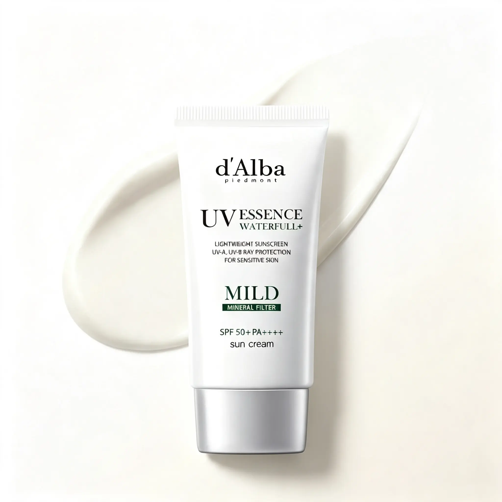 d'Alba White Truffle Waterfull Mild Sun Cream, 100% Mineral Vegan SPF50+ Sunscreen, Gentle Hydrating Korean Sun Protection for Sensitive Skin