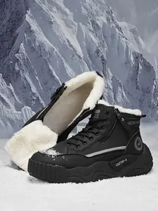 Men's Black Fleece - Lined High - Top Work Boots, Functional Retro Style, Leather Fleece Material, Warm & Comfortable, Ideal for Winter Daily Outfits & Outdoor Outings