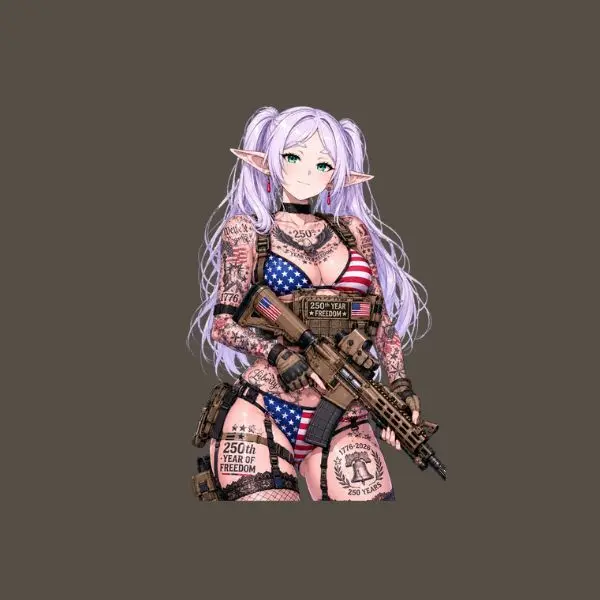 Tactical Frieren Waifu 250th Year of Freedom Sticker, Patriotic Anime Elf Girl Vinyl Decal, USA Flag Tactical Waifu Sticker for Laptop, Water Bottle, Car & Gaming Setup