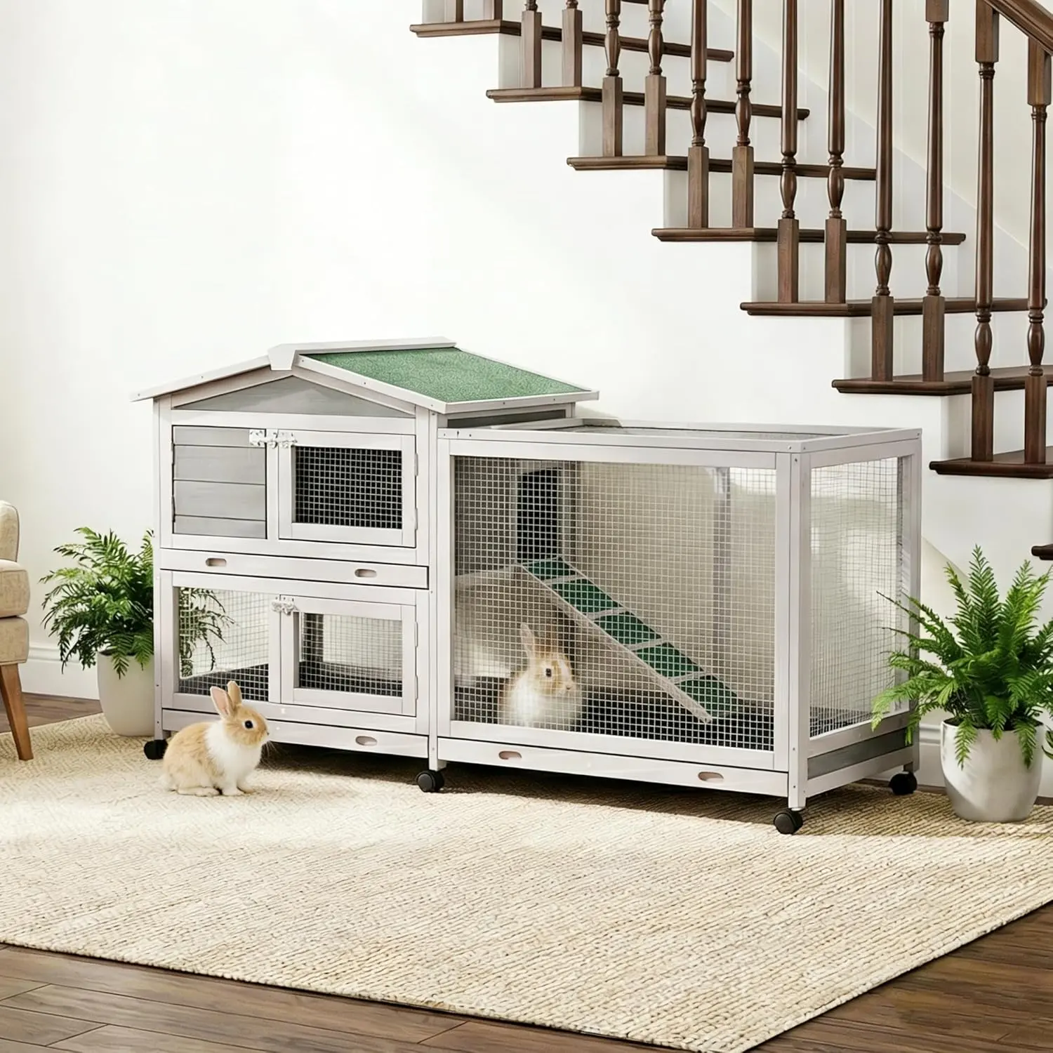 62" 2-Story Rabbit Hutch, Indoor & Outdoor Bunny Cage with Waterproof Roof, Cleaning Tray and 6 Wheels, Suitable for Small to Medium Rabbits, Ducks, Chickens and Guinea Pigs, Easy Assembly