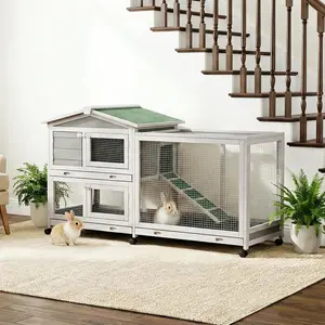 62" 2-Story Rabbit Hutch, Indoor & Outdoor Bunny Cage with Waterproof Roof, Cleaning Tray and 6 Wheels, Suitable for Small to Medium Rabbits, Ducks, Chickens and Guinea Pigs, Easy Assembly