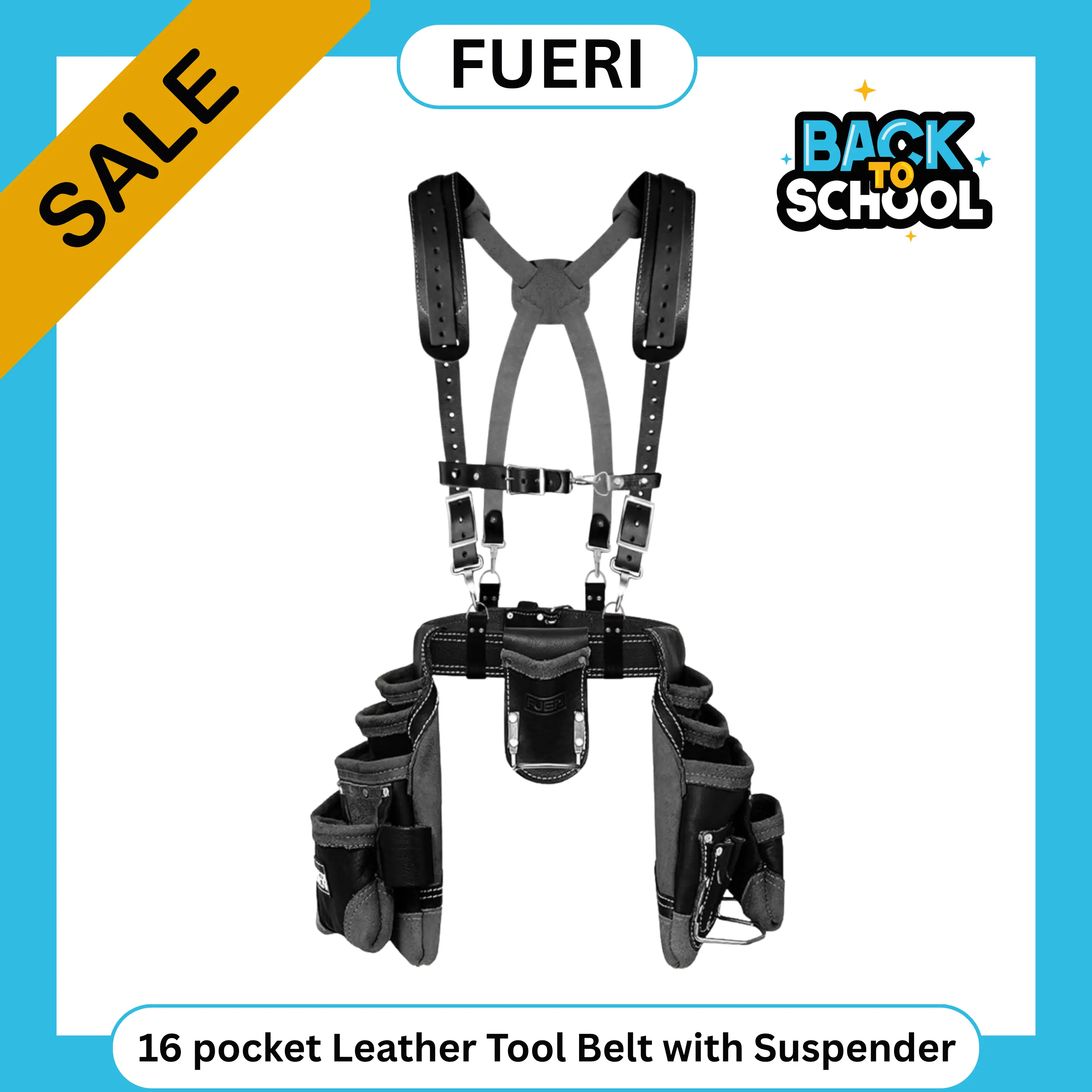 FUERI 16 Pocket Leather Tool Belt with Suspenders,Comes with Padded Belt, Big Pouches, Hammer Holder,Suspender loops and Leather Suspender, Ideal for Construction Workers, Carpenters and Electrician. campingessentials