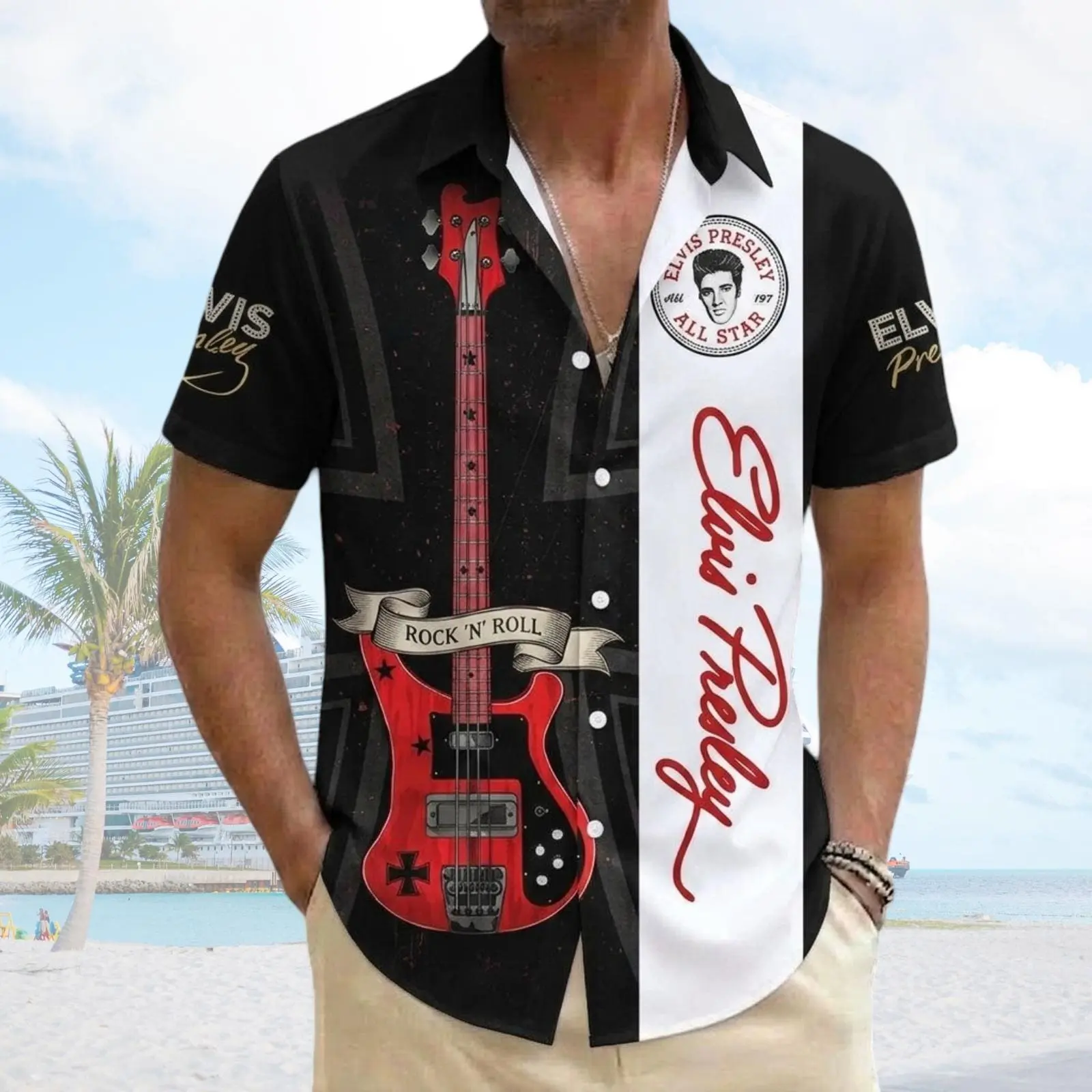 Elvis Presley Hawaiian Shirt, Rock n Roll Guitar Button Shirt, Elvis Signature Aloha Shirt, King of Rock Music Gift, Mens Summer Shirt