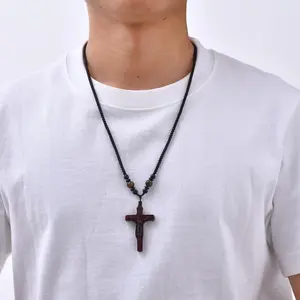 Handmade Wooden Crucifix Cross Necklace with Jesus - Natural Ebony Wood Braided Cord Cross Necklace for Men Women Religious Jewelry,Catholic Gift for Baptism Confirmation Easter