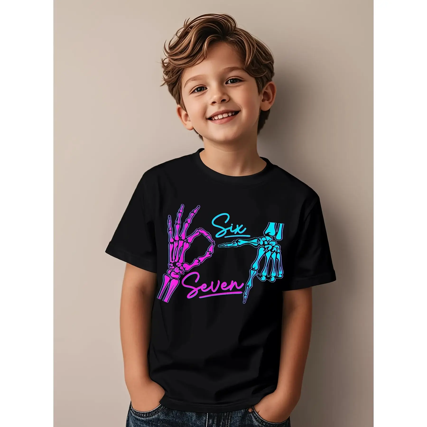 ' Funny 67 Meme Skeleton Hand & Six Seven Graphic T-Shirt - Neon Glow-in-the-Dark Style Short Sleeve Round Neck Casual Tee with Number 6 & 7 Design, Comfortable Casual Attire for Boys & Girls, Halloween & Birthday Party Outfits