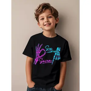 ' Funny 67 Meme Skeleton Hand & Six Seven Graphic T-Shirt - Neon Glow-in-the-Dark Style Short Sleeve Round Neck Casual Tee with Number 6 & 7 Design, Comfortable Casual Attire for Boys & Girls, Halloween & Birthday Party Outfits