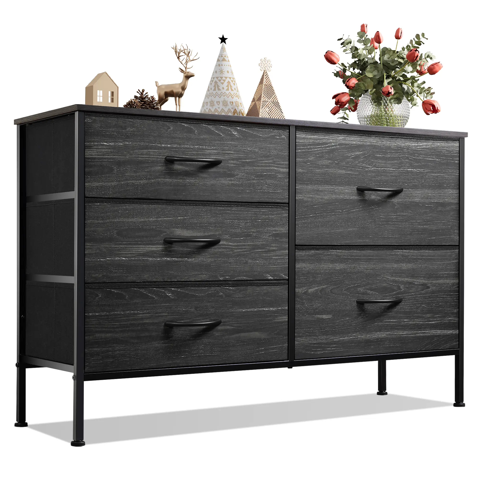 WLIVE 5-Drawer Modern Multi-Function Dresser | Steel Frame Storage Organization / Adjustable Feet | 39.4''L x 26.8''H, Wood Top Cabinets