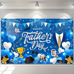 Father’s Day Backdrop and Tapestry Banner Decoration - Blue Polyester Happy Father’s Day Party Backdrop with Ribbons, Indoor and Outdoor Celebration Sign for a Special Day for Dads