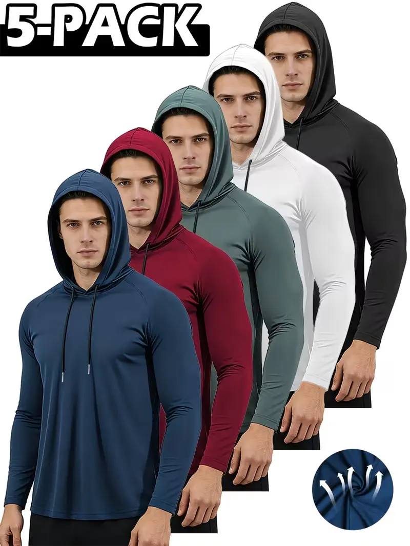 5 Pack Men’s Hooded Workout Shirts Long Sleeve Athletic Gym Running Tops Moisture Wicking Lightweight Thin Pullover Hoodie Activewear Multipack,clothes for back to school,first day of school outfits