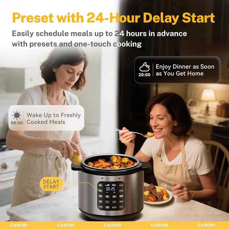CARORI 9-in-1 Electric Pressure Cooker 1000W 8 Qt Instant Multi-Cooker with IMD Touchscreen Non-Stick Pot Rice Cook Slow Cook Steamer Sauté Warmer Safe Venting Silver