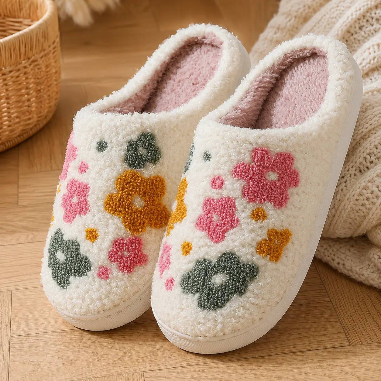 Women's Cozy Floral House Slippers - Soft, Warm Indoor Footwear with Colorful Flower Design for Home Comfort