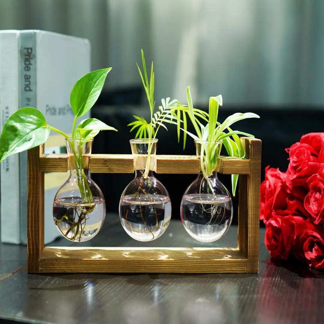 3-Piece Creative Wooden Frame Hydroponic Vase Set with Glass Bottle Container, Green Ivy Plant for Home Living Room & Office Desk Decor