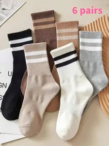 Women's Multicolor Striped Trendy Socks, Breathable Sweat-Absorbing 6 Pairs, Mid-Calf Spring & Fall Socks, Shark Pants Matching Casual Sports Outerwear