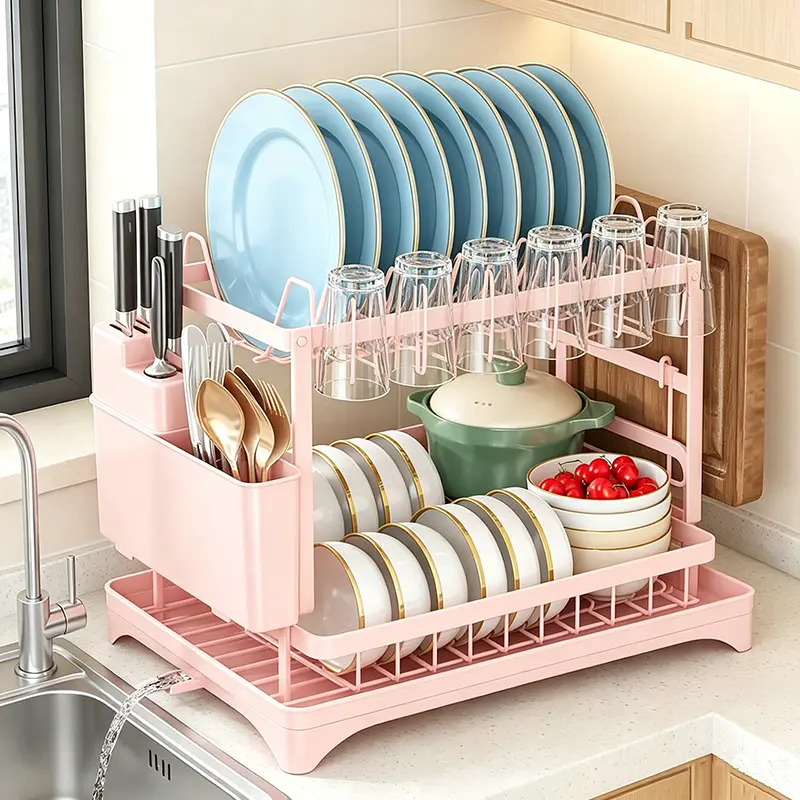Double-Decker Space-Saving Kitchen Draining Rack - Home Supplies Countertop Organizer with Multipurpose Compartments, Drainage Function, Screw-Free Installation