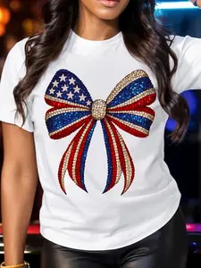 Women'S Patriotic Style Rhinestone Bow Print T-Shirt - Light Beige Comfortable Short-Sleeve Round Neck Casual Top, Suitable for Spring And Summer As Well As 4Th of July Celebrations, Festive Fashion, Comfortable Fabric, Printed Shirt
