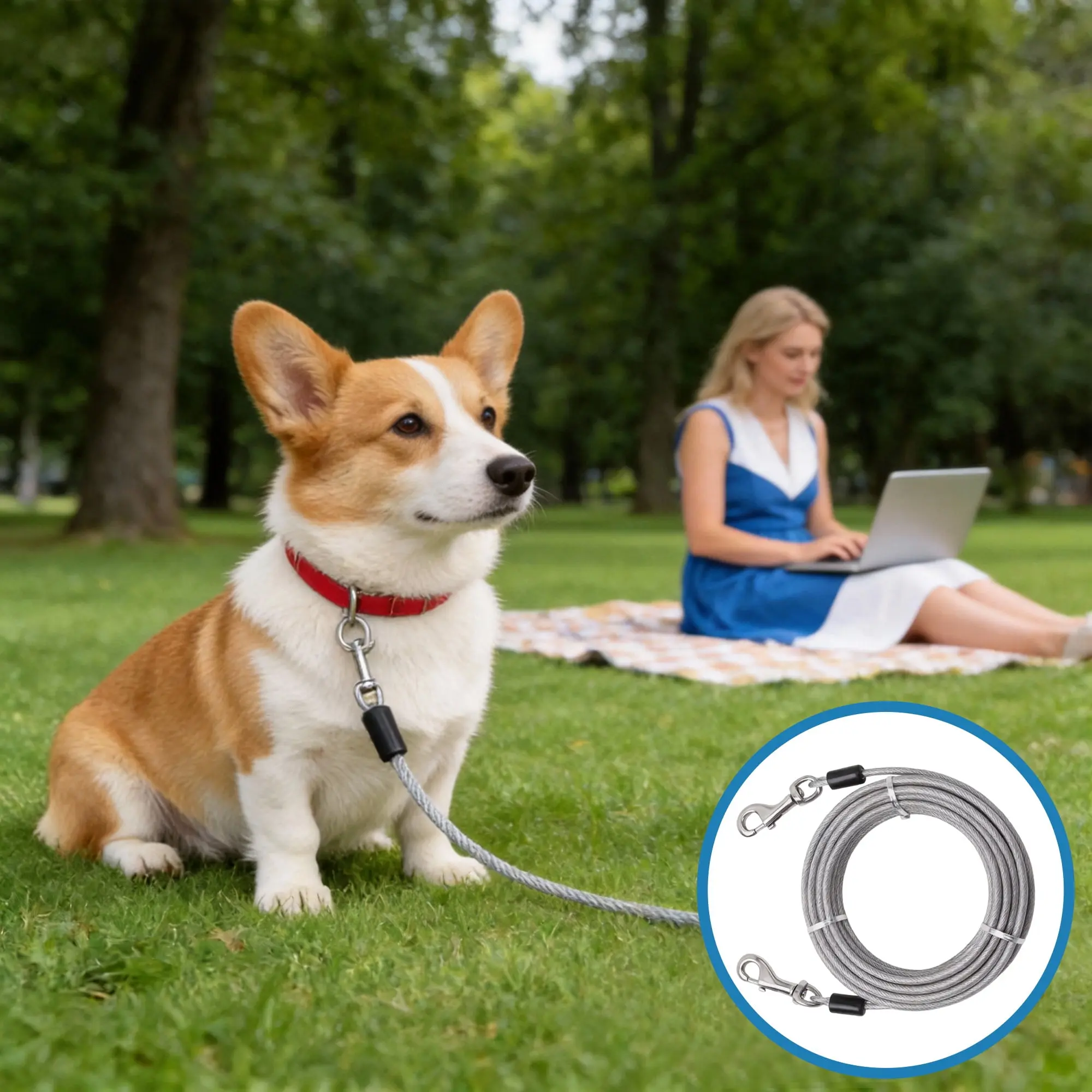 25 FT (7.62 yd) Heavy Duty Construction Dog Tie-Out Lead, Stainless Steel Chew Resistant Cable with Lockable Hook, Detachable Adjustable Collar, Bungee Buffer for Outdoor Camping, Parks