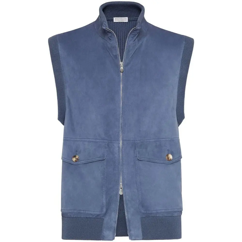 BRUNELLO CUCINELLI MEN'S BLUE SUEDE ZIP VEST