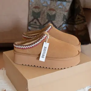 Fuzzy Platform Slip-on Slippers Women Men Waterproof Suede Leather Lining Short Ankle Boots for Indoor Outdoor Autumn Winter Comfy House Shoes Girl Footwear