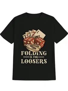 Men's Casual Versatile Crew Neck T-Shirt, Playing Cards and Dice Print Men's Top, Gift for Men