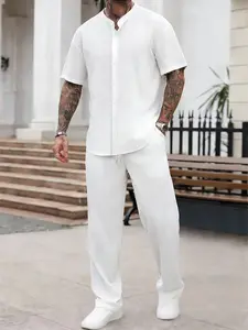 Men's Shirt Long Pants Set Suits, Loose Short Sleeve Button-Up Shirt with Elastic Waist Pants, Minimalist Summer, All-Season Wear