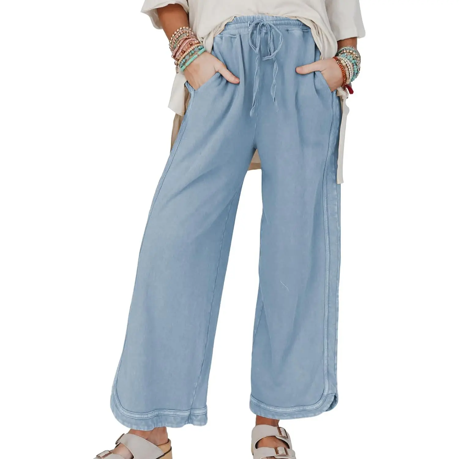 Women's Casual Wide Leg Sweatpants High Waist Baggy Acid Wash Pants Drawstring Athletic Palazzo Pants with Pockets