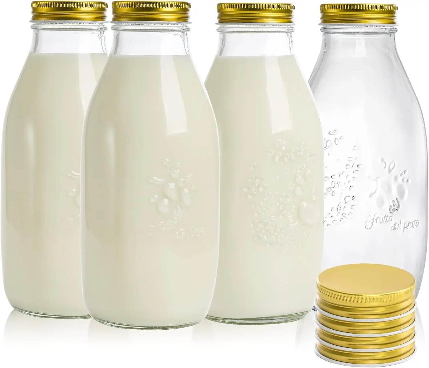 4 Pack 32 oz Glass Milk Bottle with Lids, Vintage Milk Container for Refrigerator, Glass Juice Bottles, Reusable Dairy Drinking Containers for Almond Milk, Yogurt, Smoothies, Maple Syrup, Jam