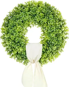 DDHS 23" Boxwood Wreaths Front Door, Artificial Summer Wreath with Sash and Foldable, Green Year Round Indoor for Farmhouse Fireplaces and Porches DIY St Patricks Day Decorations