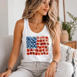 Floral American Flag Tank Top, Patriotic Flower T-Shirt, 4th of July Floral Tee, Red Poppy Flag Shirt, Women's Independence Day Gift