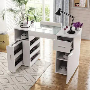 Acetone Resistant Professional Manicure Table, Nail Desk Station With Tempered Glass Top, Removable Wrist Cushion, Locking Wheels And Multi-Drawer Storage Cabinet For Salon SPA