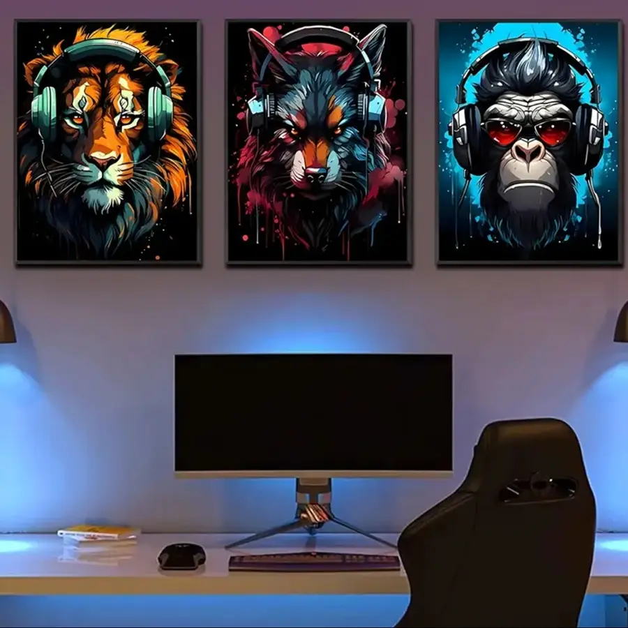 3 Piece Lion Wolf Gorilla Colorful Wall Art Posters, Animal Mural with Headphones, Kids Bedroom Game Room Decor, Modern Home Interior Decoration