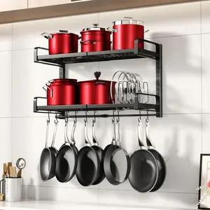 19"-30" Expandable Hanging Pot Rack, 2 Tier Heavy Duty Wall Mounted Pots & Pans Organizer with 10 Hooks 5 Pot Lid Holders, Pot Hanger Shelf for Kitchen Cookware Utensils Storage Organization