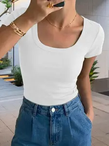 Women's Short Sleeve Round Neck Ribbed Knit Slim Fit Casual Top, Summer Basic Womenswear T-Shirt, Comfortable and Stylish Daily Wear, Casual Stylish Tee