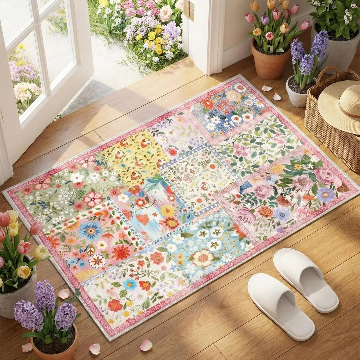 2x3ft  Floral Quilted Door Mat Flower Cute Pastel Spring Patchwork Rug Washable Non Slip Carpet for Entryway Bedroom Living Room Kitchen Laundry Front Indoor