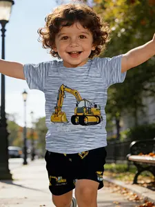 Summer Set for Kids, Excavator Engineering Car Short Sleeve Shorts Pajamas, Casual Fitted Clothing, Perfect Gift for Infants