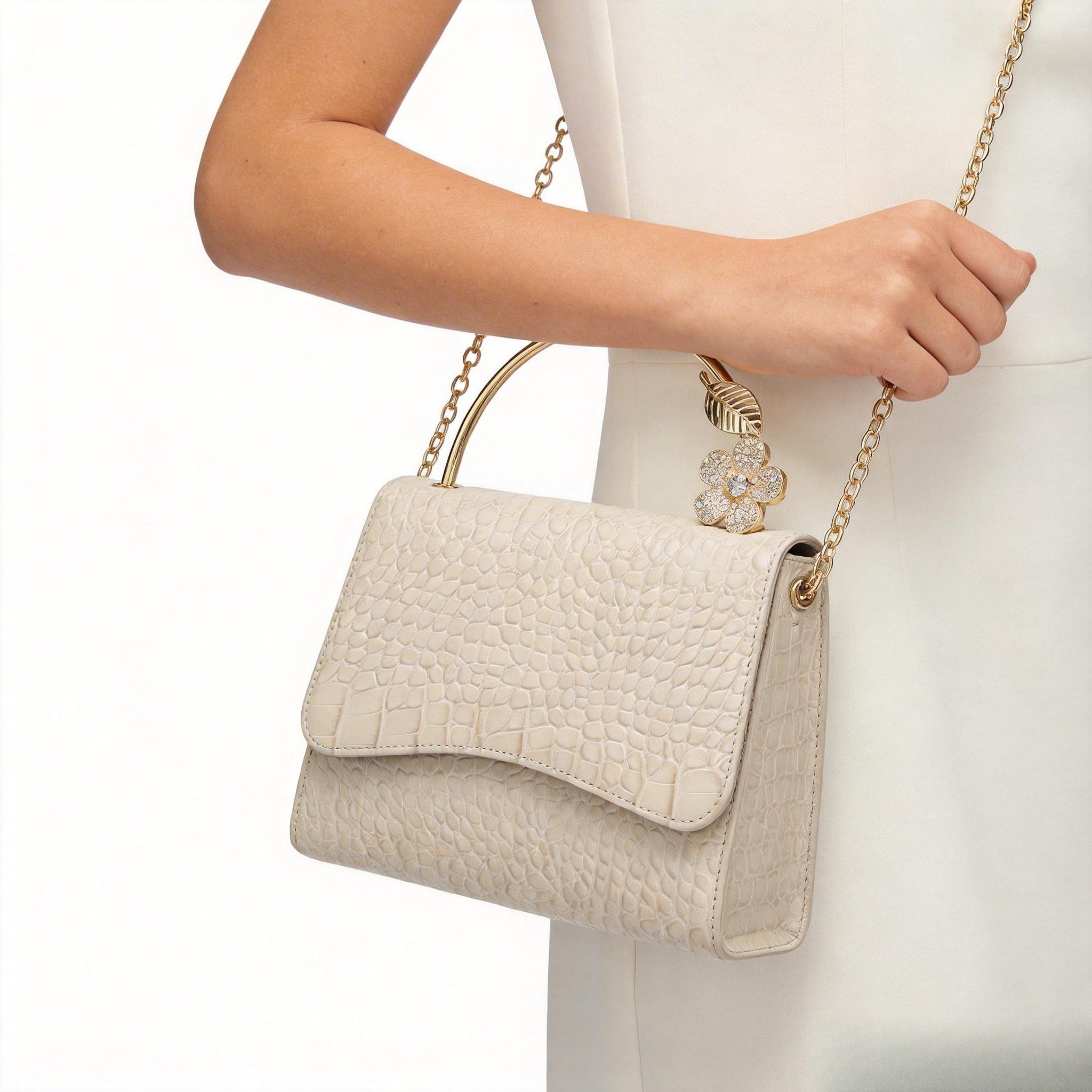 Elegant White Textured Leather Handbag with Rhinestone Flower, Luxury Chain Clutch for Wedding & Party