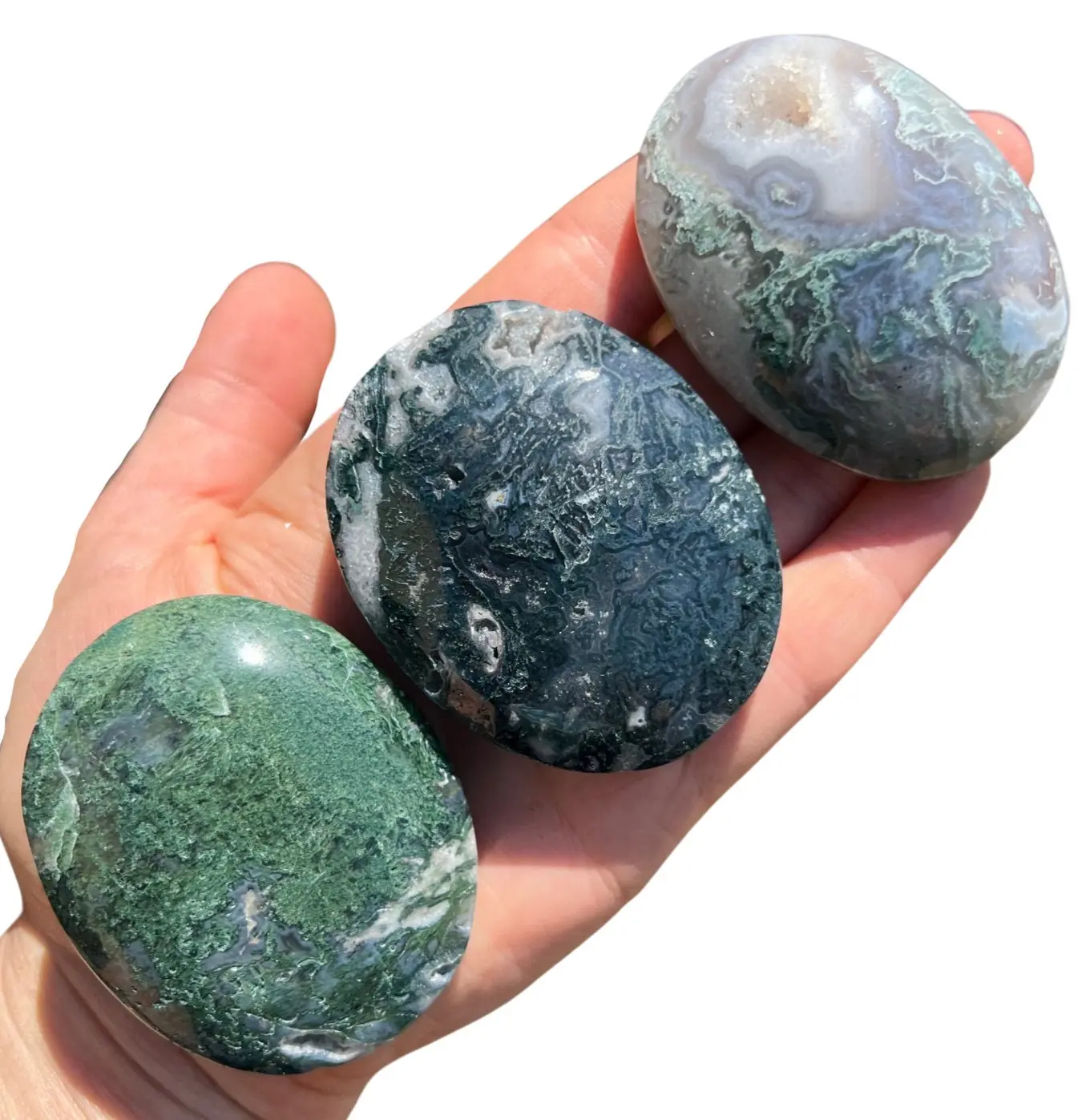New Moon Beginnings Moss Agate Palm Stone - Natural Green Color with Unique Patterns