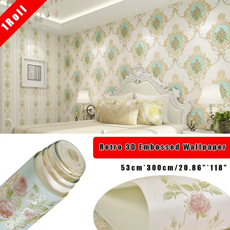 Removable Waterproof Peel & Stick Non-woven Interior Wall Wallpaper, 3D Embossed European Damascus Floral Wall Sticker , AB Design Vintage Wall Covering for Living Room Bedroom TV Background, Decorative Liner Paper for Cabinet Drawer Dresser Furniture