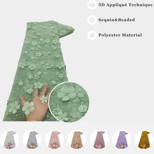 African Mesh Net Tulle Plum Flower Pattern Appliqué Lace Fabric With Sparkling Sequins And Bead Tube for High-End Evening Dresse