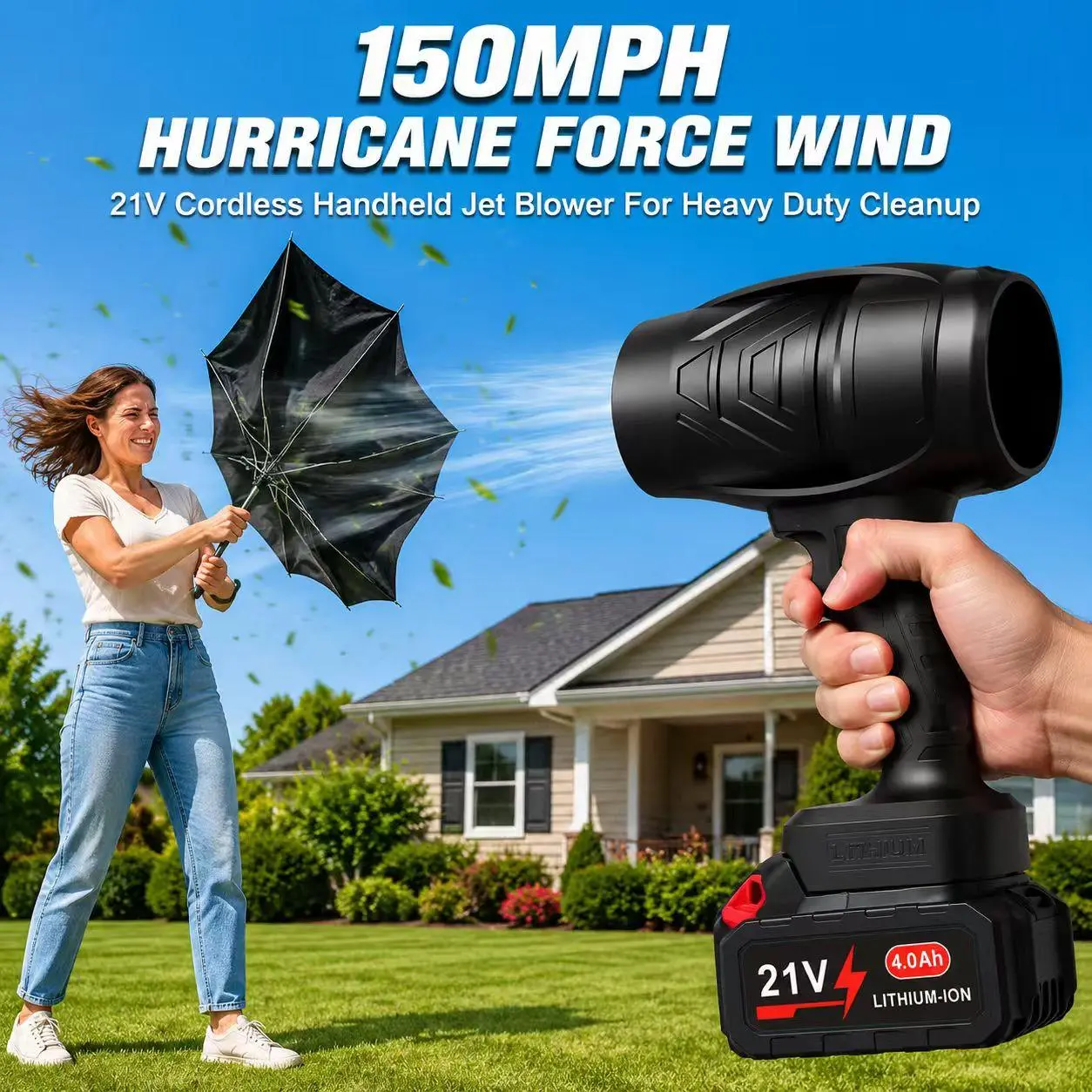 21V Cordless Handheld Jet Blower, 150MPH High-Power Turbo Air Duster with 32000RPM Brushless Motor, Dual 4.0Ah Batteries, Continuous Variable Speed, Portable Leaf Blower for Yard, Snow, Dust, Car Drying, Garage & Workshop Cleanup.