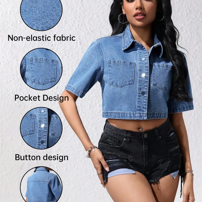 Women's Waist-Exposed Cropped Denim Fabric Jacket Coats, Lapel Single Button Short Sleeve, Slim Fit with Pockets, Summer Music Festival Style