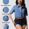 Women's Waist-Exposed Cropped Denim Fabric Jacket Coats, Lapel Single Button Short Sleeve, Slim Fit with Pockets, Summer Music Festival Style