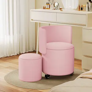 【Spring Glow Up】Round Vanity Chair and Small Ottoman with Storage,Rolling Faux Leather Swivel Work Makeup Stool Chair with Folding Back and Lockable Wheels,Upholstered Footstools for Bedroom Living Room