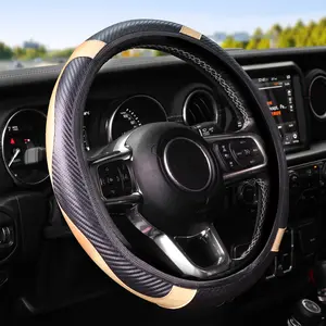 KAFEEK Carbon Fiber Elastic Leather Steering Wheel Cover Anti-Slip Design for 15-inch Wheels in Black Beige Purple Red Ideal for Men Women Automotive Accessories