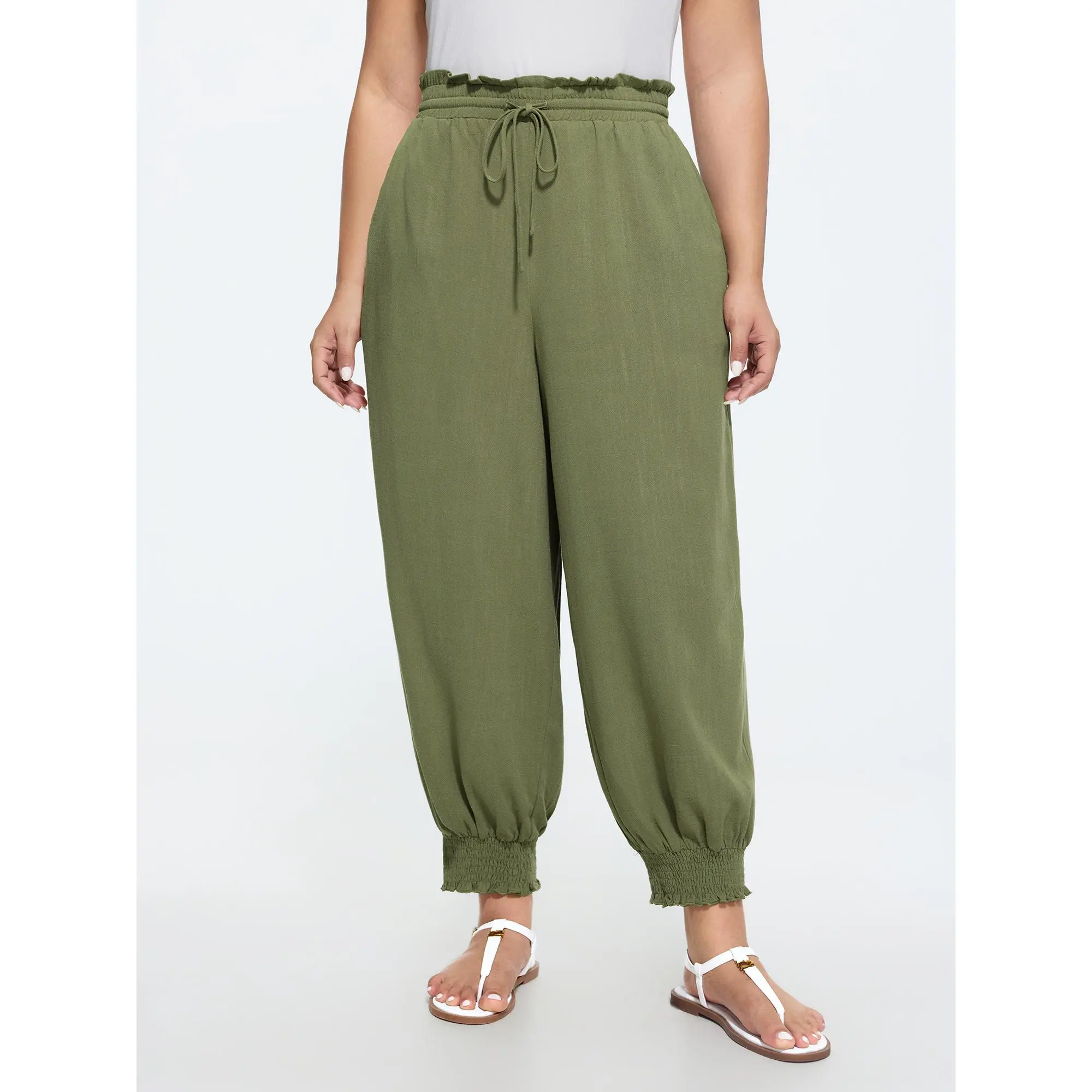 BloomChic Women's Plus Size Boho Cropped Pants in a Rayon Linen Blend with a Mid Rise Drawstring Waist and Ruffles, Smooth, Garment, Bottom