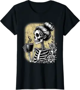 Messy Bun Skeleton Drinking Coffee Vintage Halloween Funny T-Shirt - Ronniemu Shop 40B0D9SRG9JK