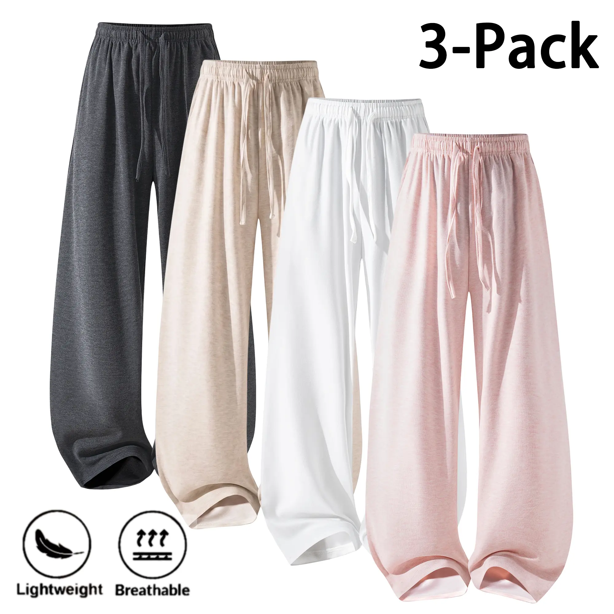 Women’s lightweight wide-leg pants with a drawstring elastic waist; relaxed floor-length pants with a drapey feel; soft loungewear sleep pants suitable for everyday wear, the beach, and vacations.