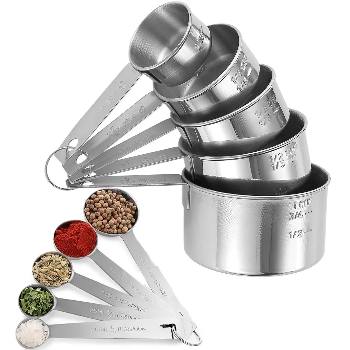 Stainless Steel Measuring Cups & Spoons Set, 10pcs/set Measuring Cup Included, Measuring Cups & Spoons, Kitchen Gadgets for Cooking & Baking, Kitchen Supplies, Kitchenware, Baking Tools, Utensils, Measuring Spoons And Cups