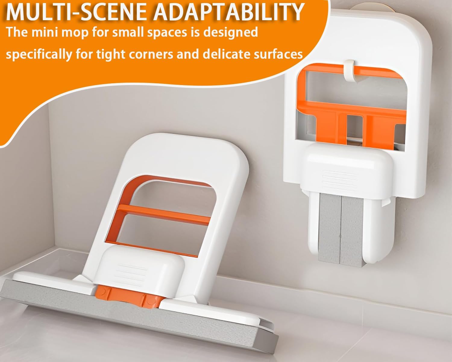 2026 New Mini Mop: Portable Self Squeezing Sponge Mop for Small Spaces, Bathroom Kitchen Desktop Glass Cleaning Gadgets, Wet & Dry Quick Clean Lightweight Compact Orange Can Stand or Hang