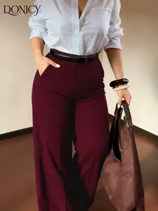 Women's Plus Size Wide Leg Pants, Drape Fabric, High Waist Metal Buckle Decor, Office Casual Multi-Purpose Wear, Womenswear